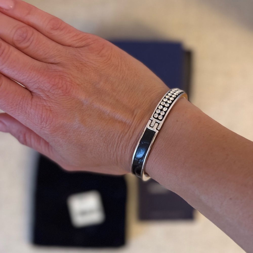 Swarovski Silver and Black Leather Crystal Bracelet (Bangle)